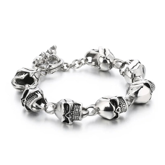 REBEL Men Punk Stainless Steel OT Clasp Skull Links Bracelet&Necklace/Waist Chain Jewelry Set