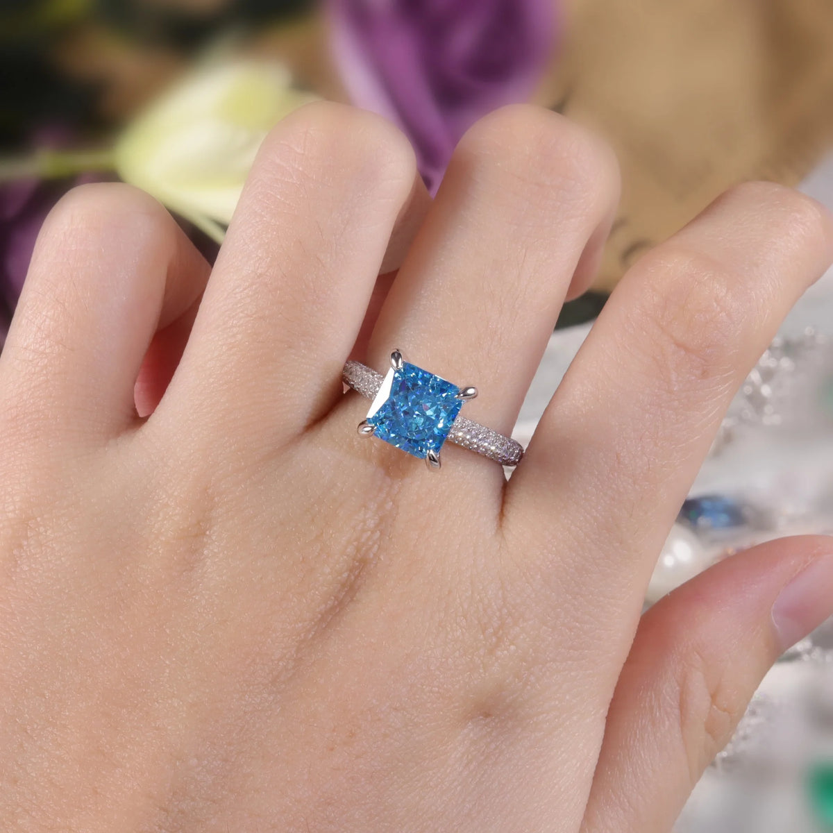 ArtistA AR053 Abiding Luxury Custom Cushion Shape 9x9MM Ice Cut Diamond-fire CZ Aqua Blue Cubic Zirconia Engagement Half Eternity Ring