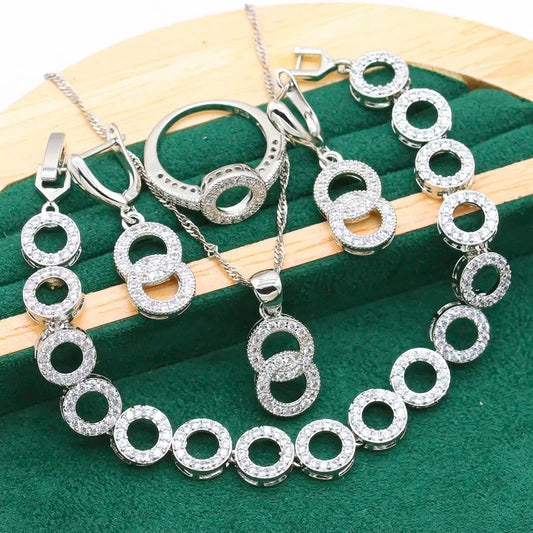 Classic White Zirconia Silver Color Alloy Set for Women Wedding Bracelet Earrings Necklace Pendant Ring Christmas Engagement