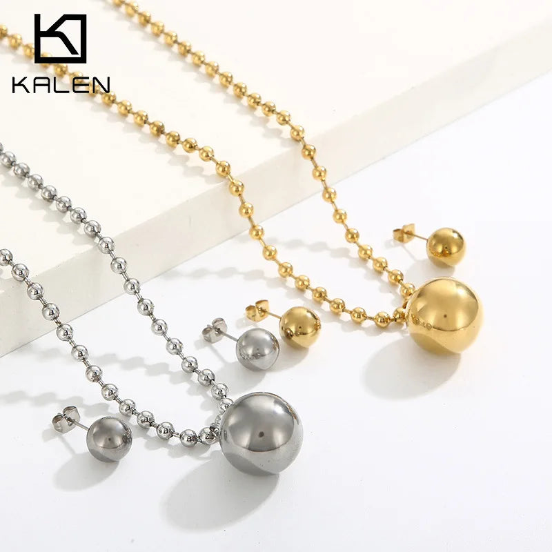 FASHIONISTA Fashion Simple Two-Piece Set Gold Plated Bead Pendant Stainless Steel Necklace Earrings Jewelry Set