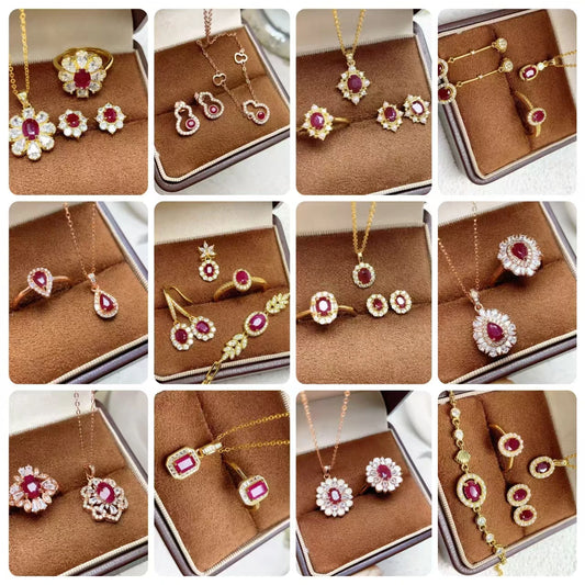 Luxury Natural Ruby Jewelry Set 925 Sterling Silver 18k Gold-plated Necklace Earrings Ring Women's Sets Wedding Engagement Gift