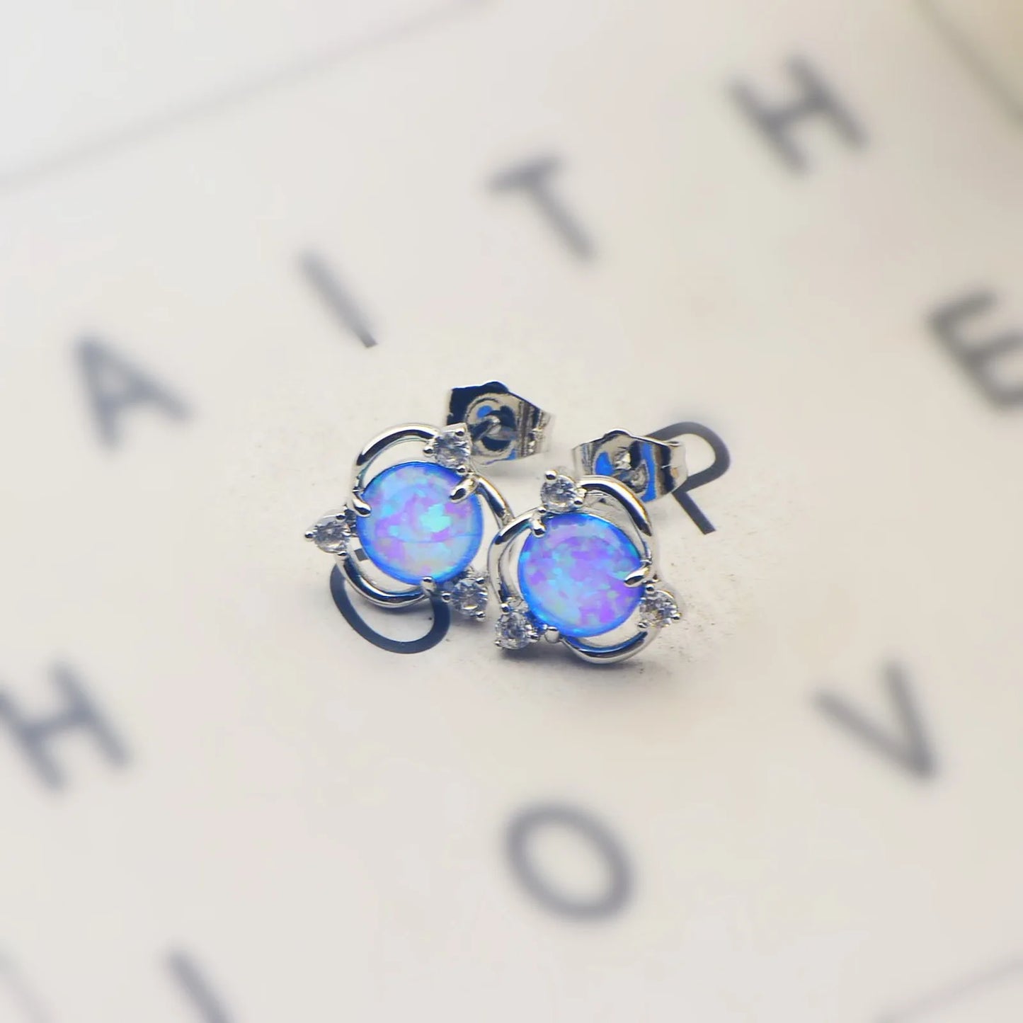 Geometric Opal Earrings - Blue Fire Opal Solitaire & CZ Accent Design | Elegant Formal Jewelry Bulk Gifts