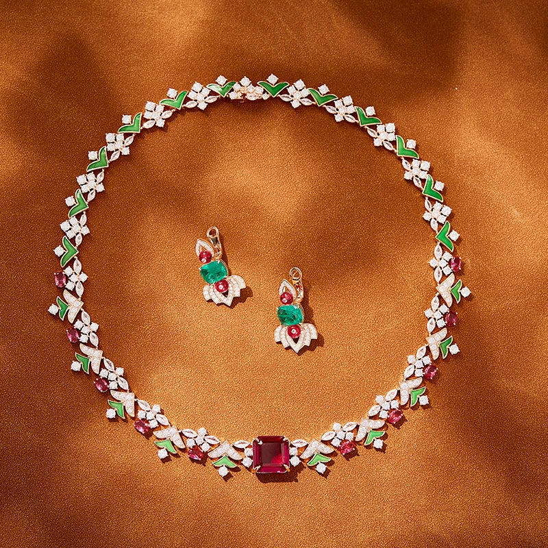 Enamel Craft Women's Two-piece Brass Necklace Earrings Inlaid with Colorful Leaves Design  Not Easily Oxidized  Perfect Zircon