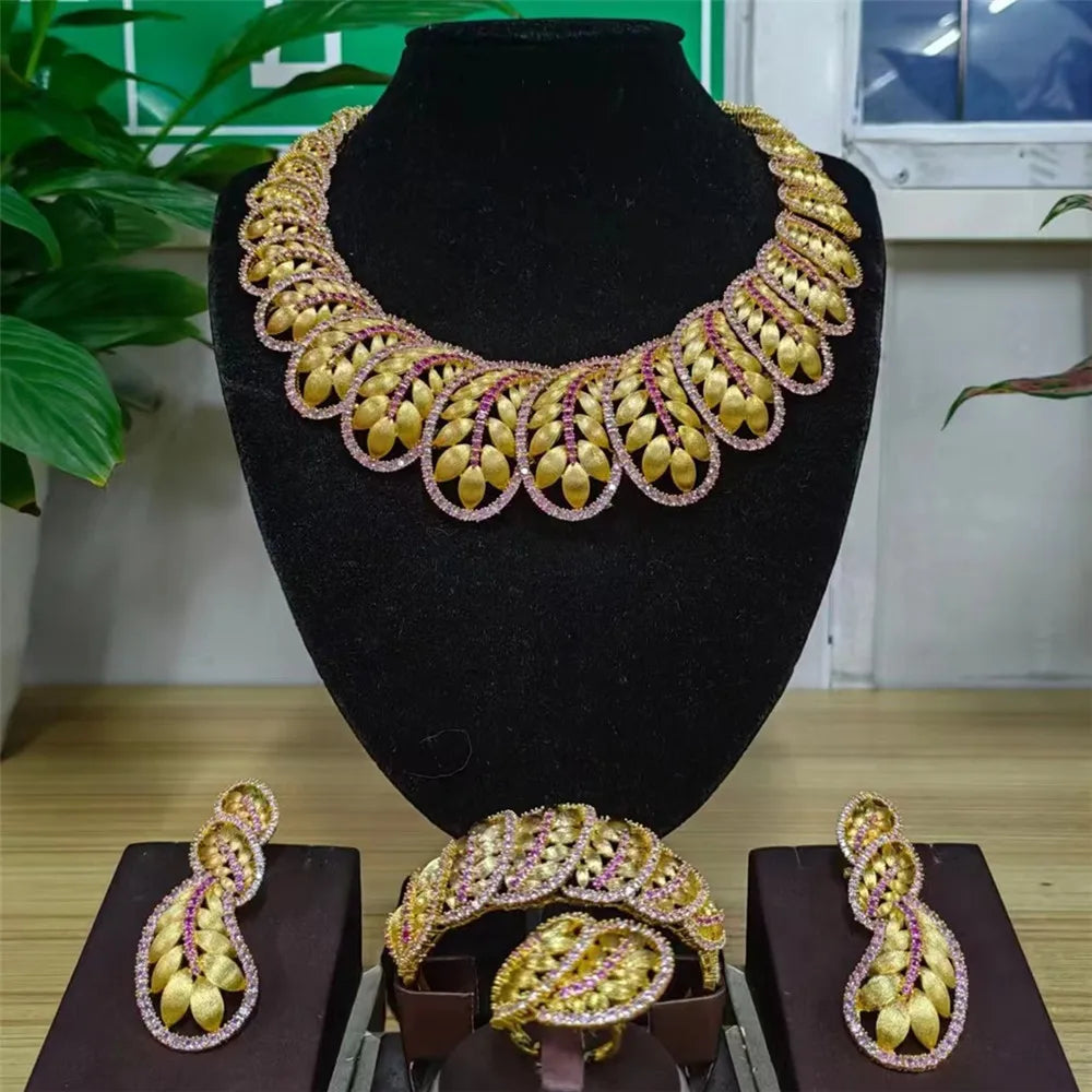 Zhuerrui Luxury Cubic Zirconia Jewelry Set American Diamond Folha Jewelry Sets Necklace Bracelet Earrings Ring Jewellery Sets