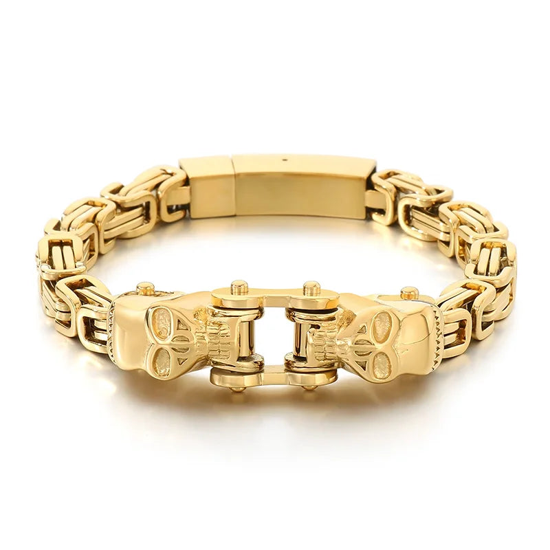 REBEL Punk Fine Jewelry Fashion Bracelets Stainless Steel Skull Byzantine Links Bracelet