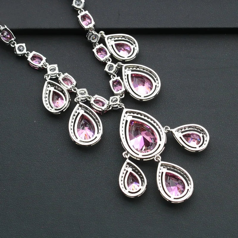 Luxury Water Drop Pink Zircon Necklace for Women Figaro Chain Silver Jewelry for Bridal Wedding Party Wholesale Gift Option