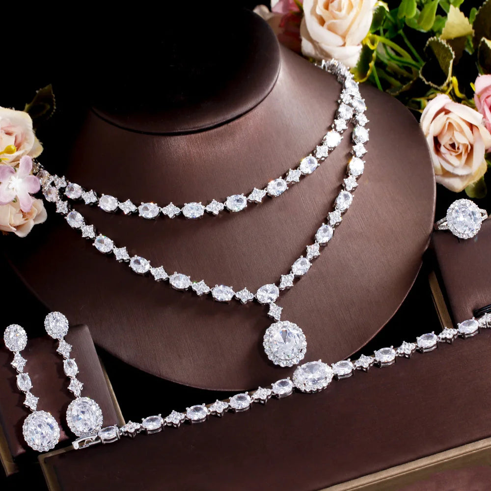 Elegant Bling White Cubic Zircon Crystal Round Two Layered Necklace 4 Piece Luxury Arabic Bridal Wedding Jewelry Sets for Women