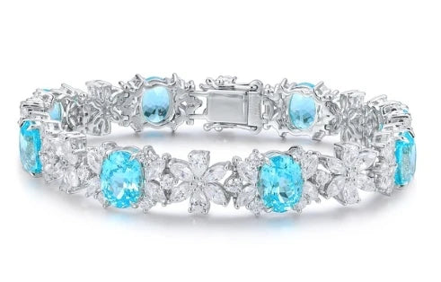 Gemfiori S925 Silver Bangles Chain Bracelet for Women Rhodium Lab Grown Paraiba Gemstone for Wedding Gift Party Engagement Anniversary