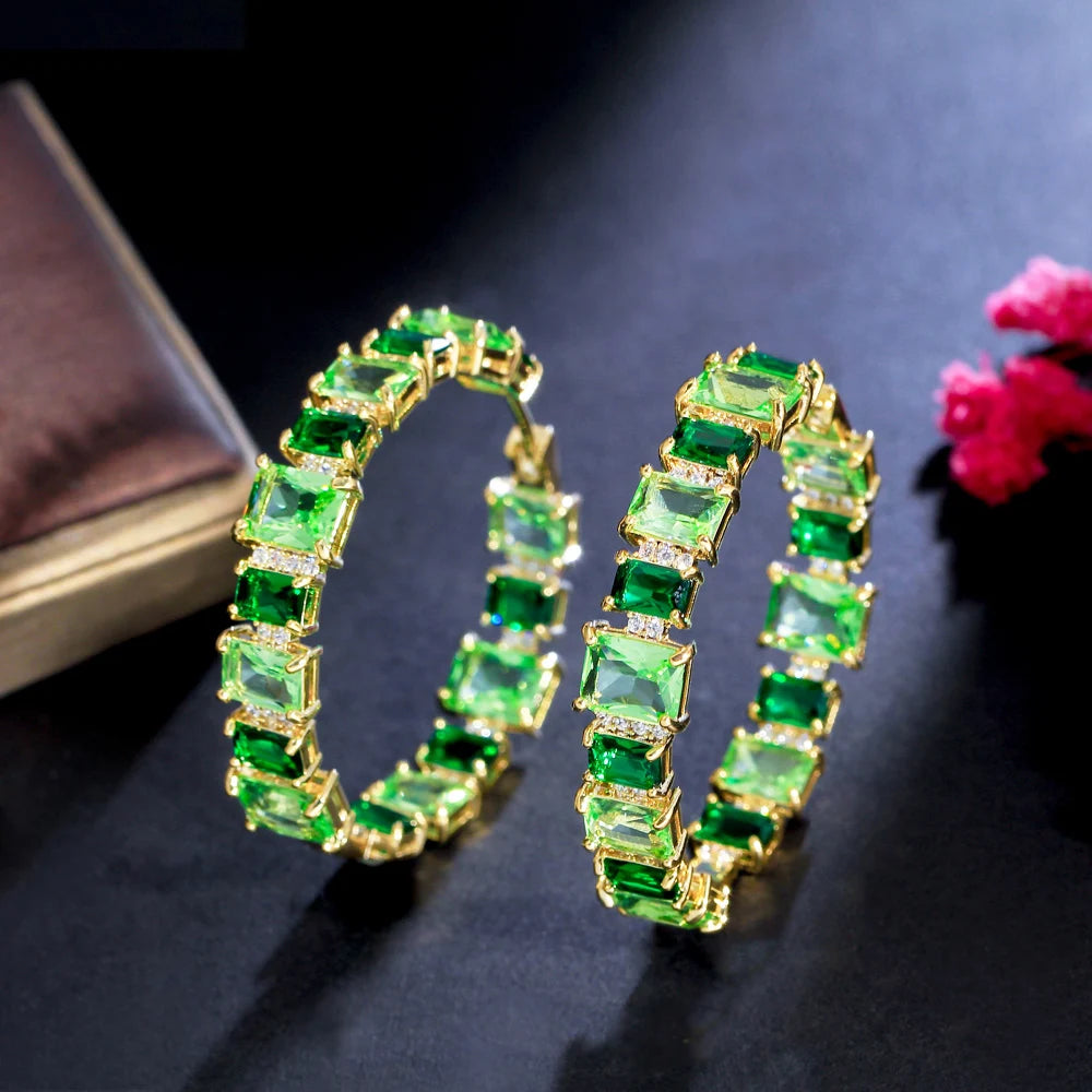 S&S Light Green Square CZ Oversized Hoop Earrings – Brazilian Gold Plated – Collection