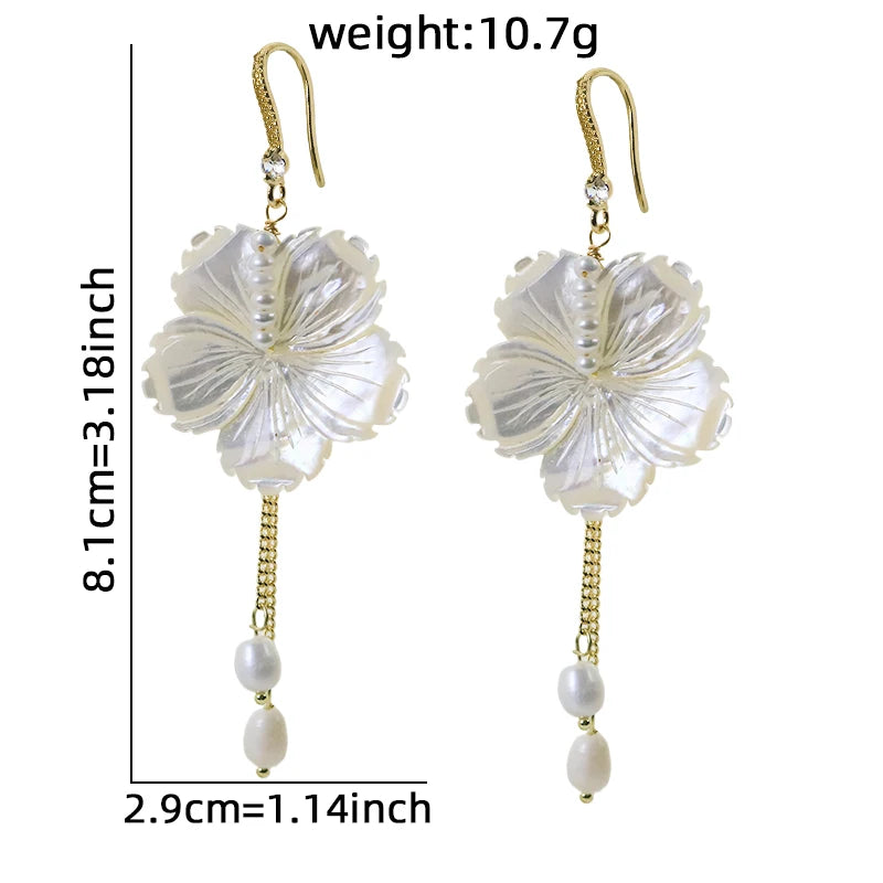 Natural Freshwater Pearl Shell Flower Chain Earrings Handmade Design Earrings Gift Banquet Women's Jewelry GE1806