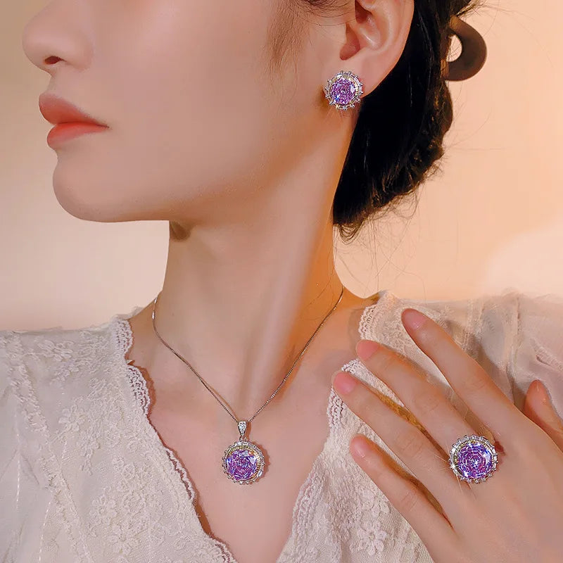 Gemfiori Luxury Round Violet Fashion Personality Atmosphere Pattern Flower Feminine Elegance Purple Zircon Jewelry Set