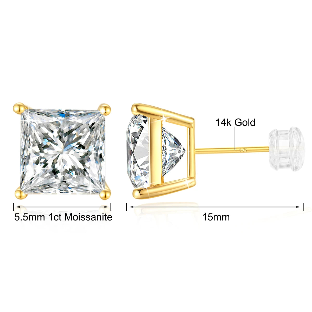 Gioiellieri Fine Jewellery Engagement Gift Woman Hollow 14K Gold 1ct 2ct 3ct Princess Cut Moissanite Stud Earrings