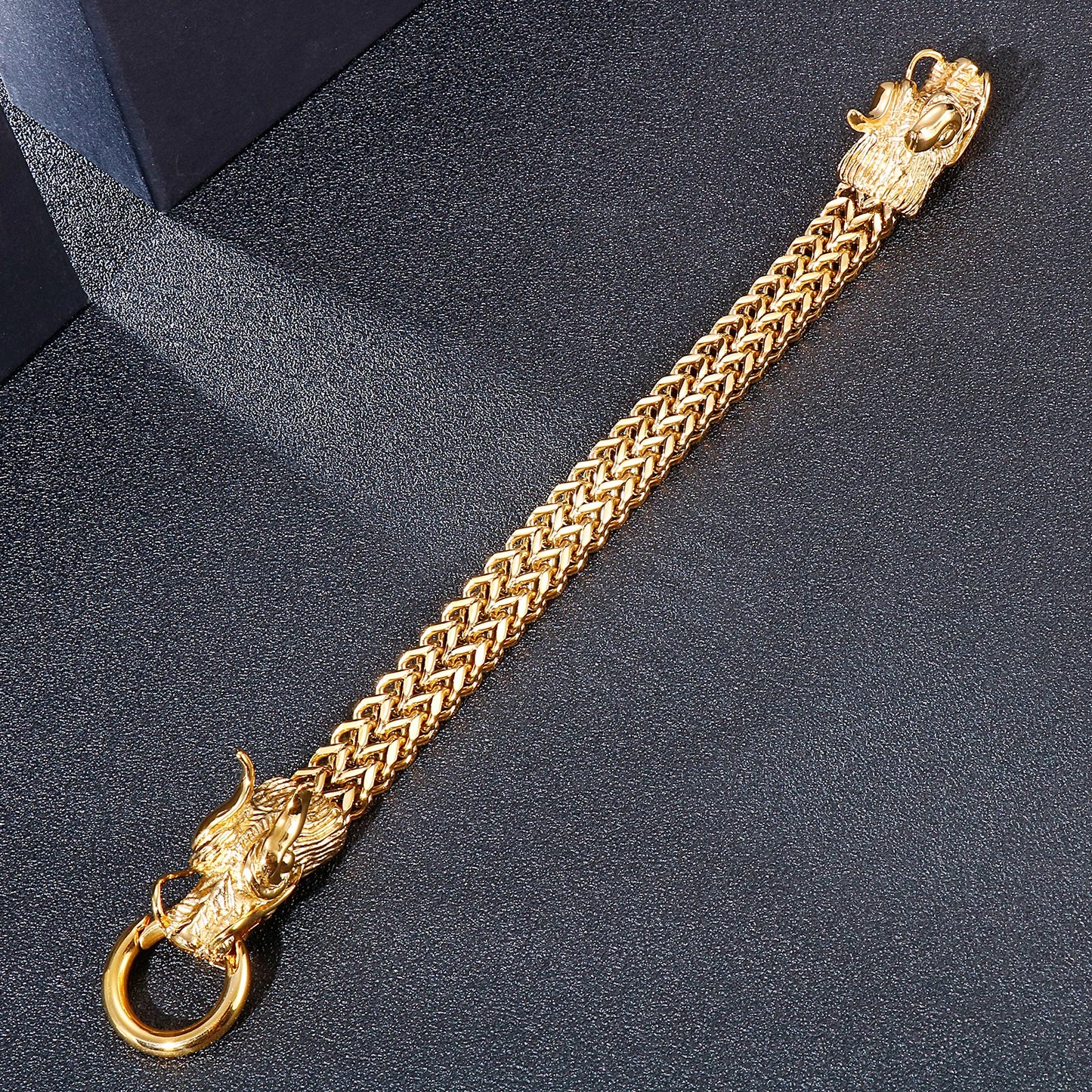 KALEN Personality 18K Gold-plating Double Dragon Buckle Bangle Stainless Steel Mens Bracelets