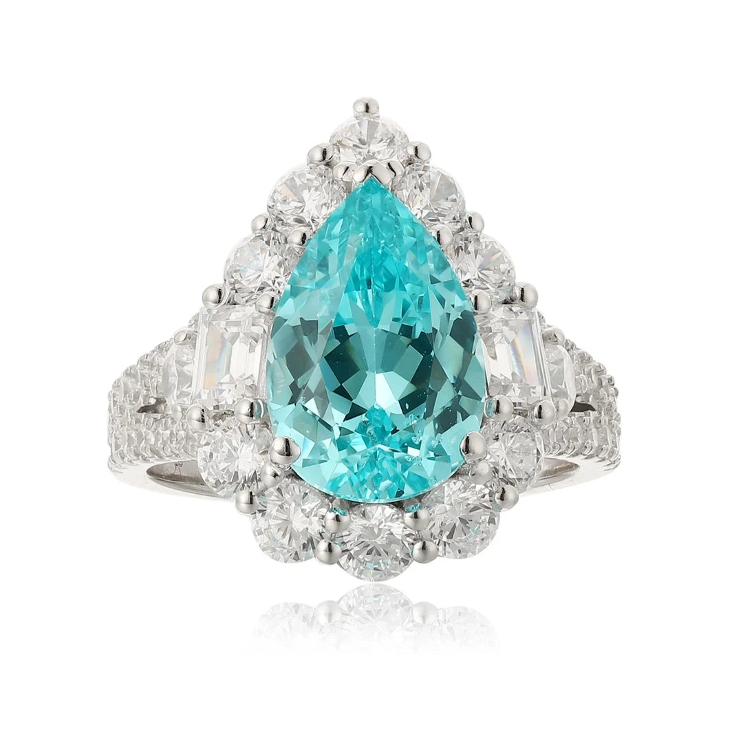 Gemfiori Vintage Lab Grown Paraiba Engagement Ring Sterling Silver 925 Rhodium Plated Pear Cut Wedding for Her Men's Anniversary Party