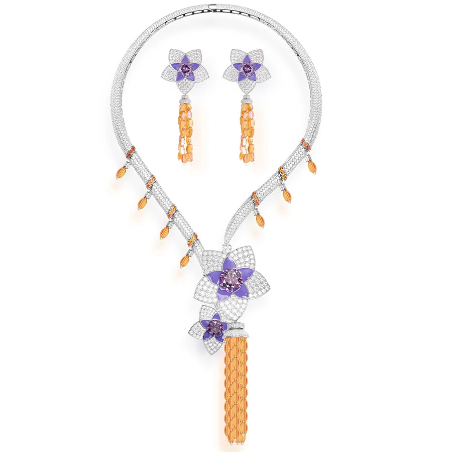 Four Flower Tassel Necklace Earring Set Brass Enamel Craftsmanship Retro Luxury Women's Evening Dress Jewelry