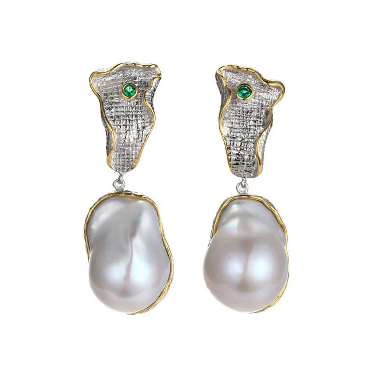 Custom Design Gold Plated Large Baroque Pearl Earrings 925 Sterling Silver