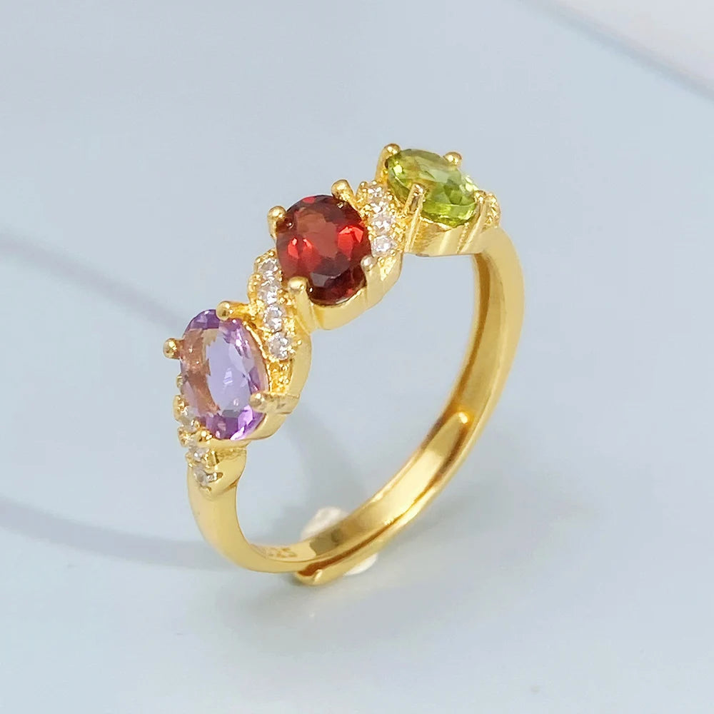 Gioiellieri Vintage Natural Gemstone Ring for Women S925 Sterling Silver Amethyst Garnet Peridot Jewelry Gift for Anniversary