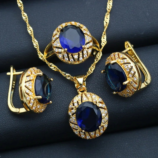 Wholesale Gold Plated Jewelry Set for Women Custom Blue Crystal Earrings Pendant Ring Necklace for Weddings and Parties