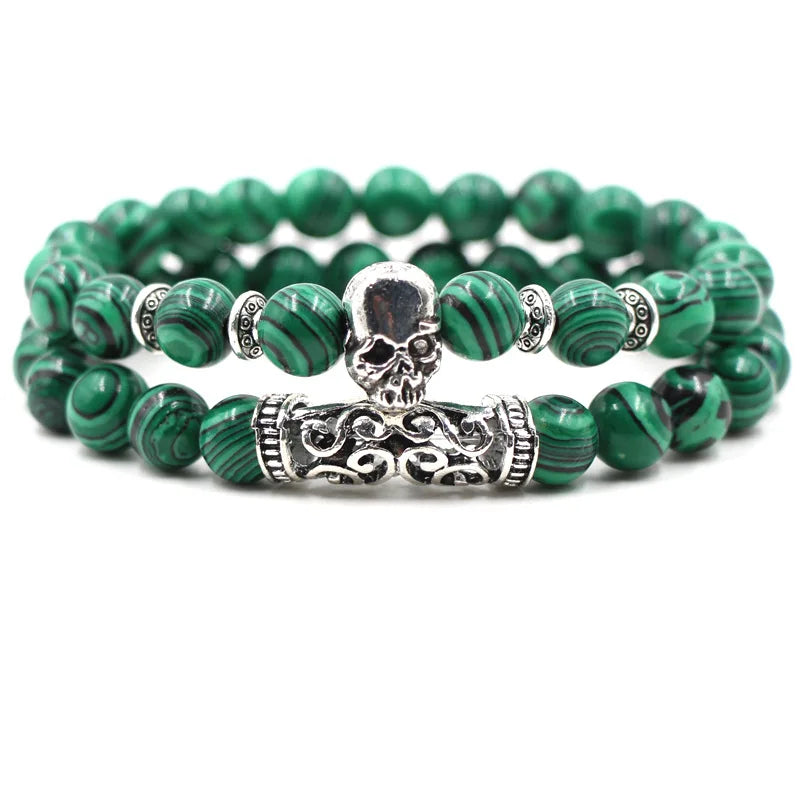 Classic Natural Silver Lion Owl Buddha Head Charm Bracelet Set for Unisex Anniversary 8mm Diamond-Embossed Bangle Chain Bead