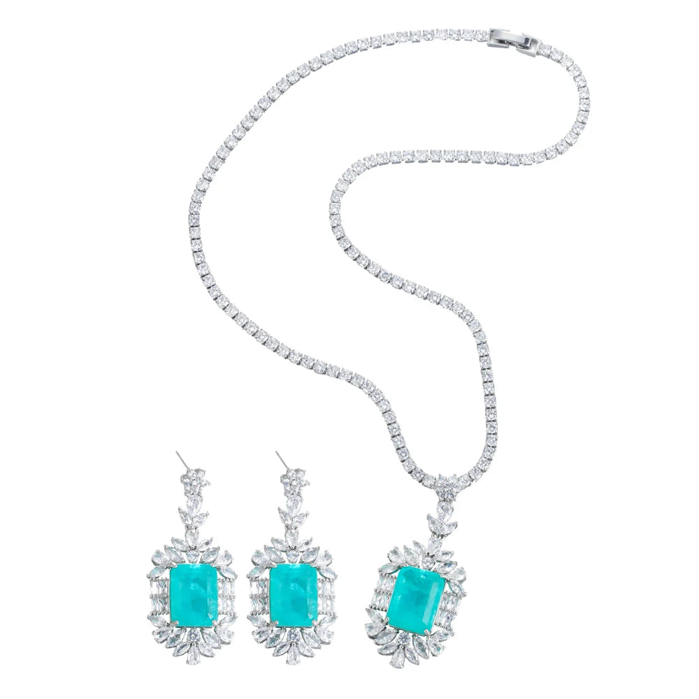 Women Quality Big Chic Yellow Cubic Zirconia Stone Wedding Tennis Necklace and Drop Earrings for Bridal Jewelry Set Accessories