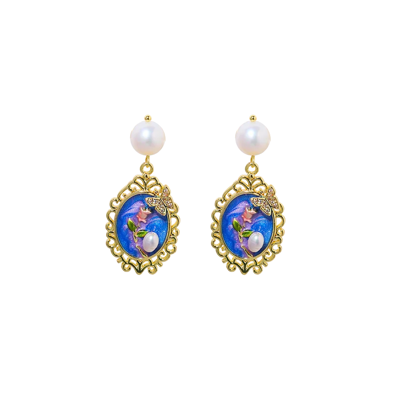 Natural Freshwater Pearl Oil Painting Butterfly Earrings Korean Style Women Luxury Jewelry Fashion Ladies and Girls Gift GE1569