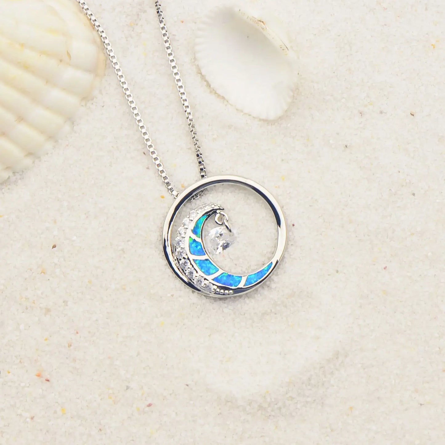 TikTok Viral Wave Opal Silver Plated Copper Box Chain Christian Lariat Necklace | Blue Ocean-Inspired Women's Gift Jewelry