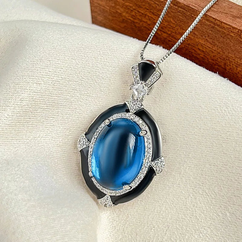 Gemfiori Victorian Style Classic Blue Zircon with Black Border Noble and Fashionable Retro Pendant Ring Set