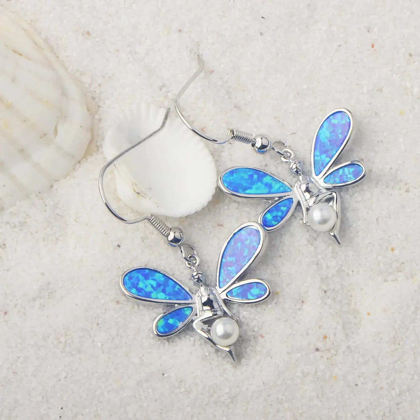 Enchanted Fairy Opal Drop Earrings - Blue Fire Opal Wings & Pearl Accent Design | Whimsical Daily Jewelry Bulk Gifts