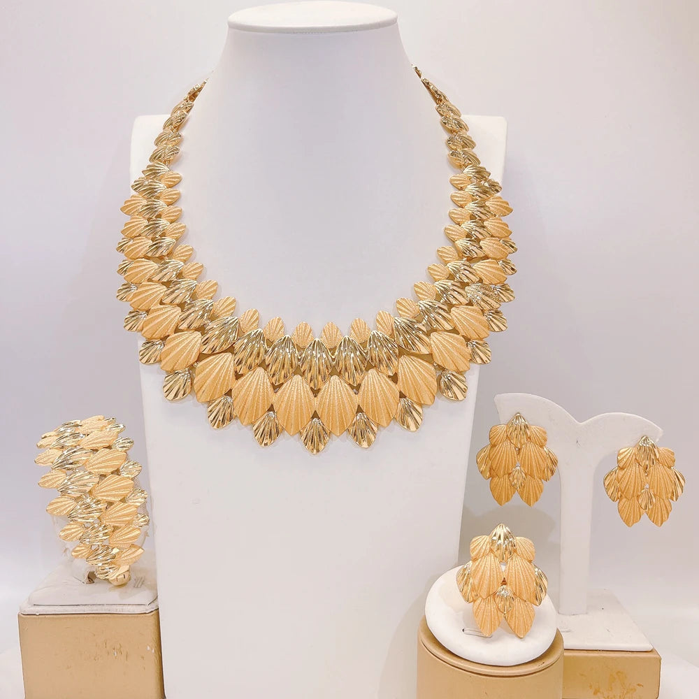 Zhuerrui Gold Plated Fan Leaf Texture Jewelry Set 4pcs Women Necklace Earrings Bracelet Ring for Wedding Evening Party I0073
