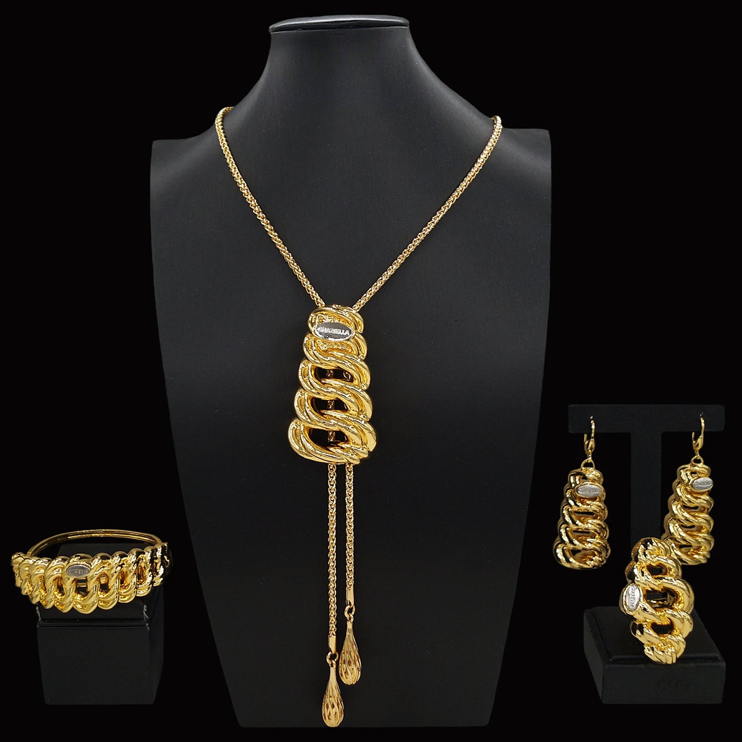 Zhuerrui Modern Elegant Series Gold-plated Jewelry Set Interlocking Tassel Pendant African Noble Wedding Ring BraceletHK013522