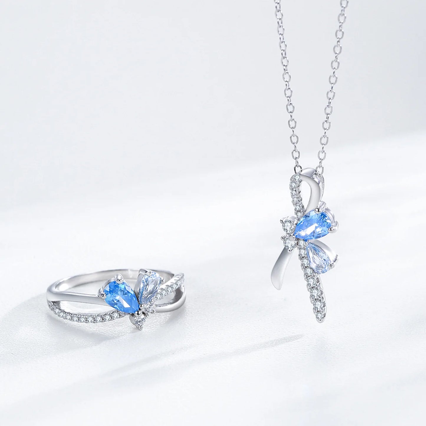 925 Sterling Silver Temperament Bow Sea Blue Diamond Ring Collarbone Chain Niche High-end Jewelry Set Gift Set