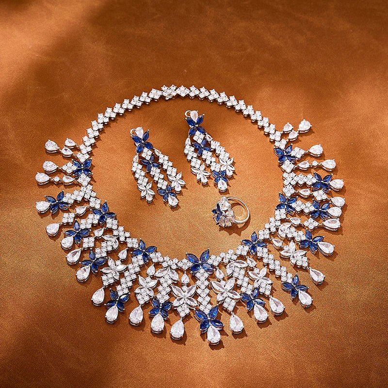 S&S Classic and Exaggerated Luxurious Zircon butterfly Tassel Necklace Earrings and Ring Set for Parties and Dinners