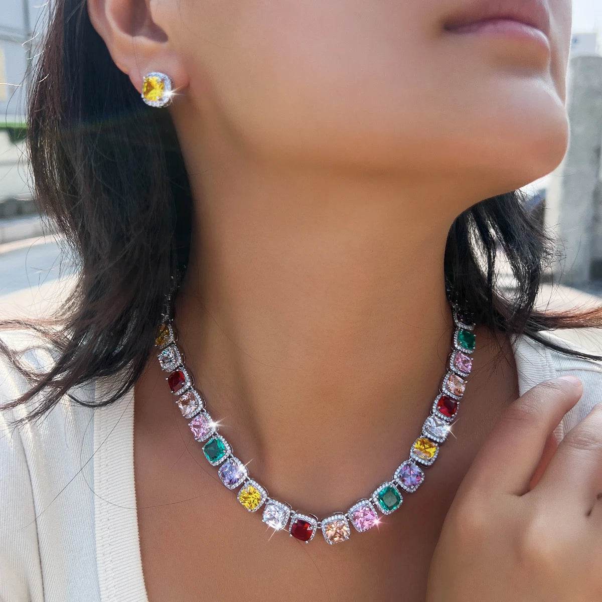 Multicolor CZ Set Rainbow Square Tennis Zircon Chain Link Necklace Earrings Set for Brides Wedding With Rhodium Plated Jewelry