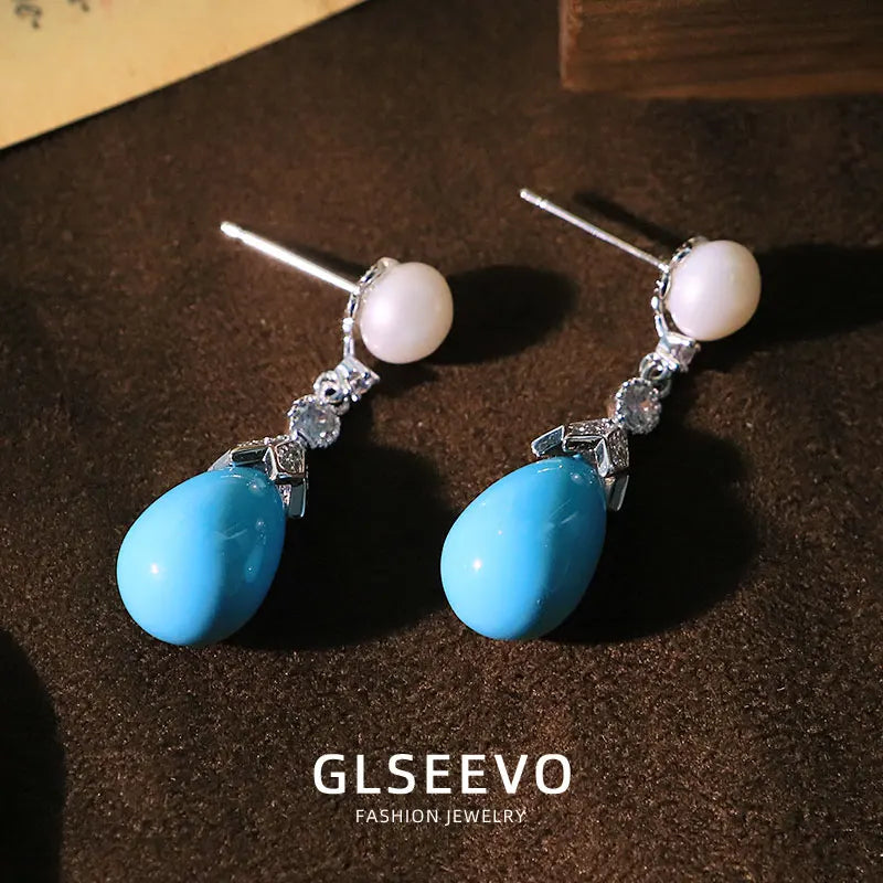 Water Droplet-Shaped Blue Turquoise Zircon Set With Natural Freshwater Pearl Drop Earrings New Design Jewellery  Wome GE1748