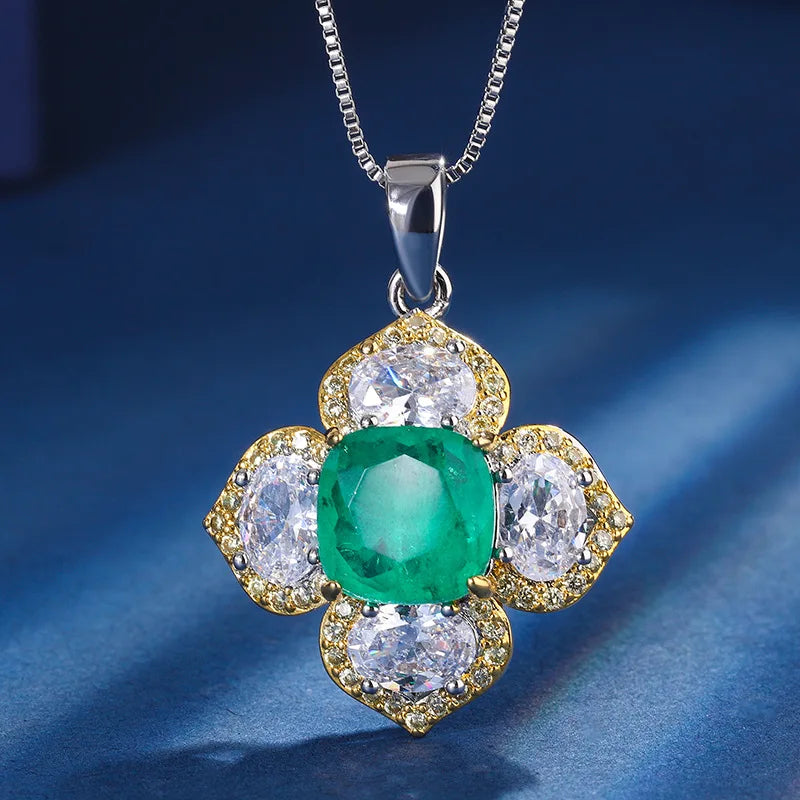 Gemfiori New Popular and Explosive Jewelry European and American Retro Inlaid square Emerald pink Zircon Flower Set