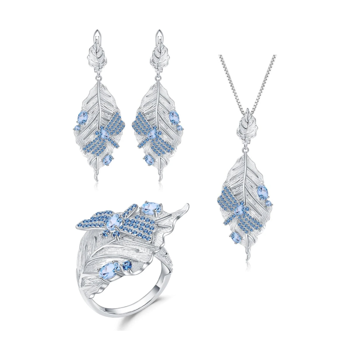 ArtistA Abiding Custom Designer Style 925 Silver Leaf Shaped Swiss Blue Topaz Dragonfly Necklace Earring Ring Jewelry Set for Women