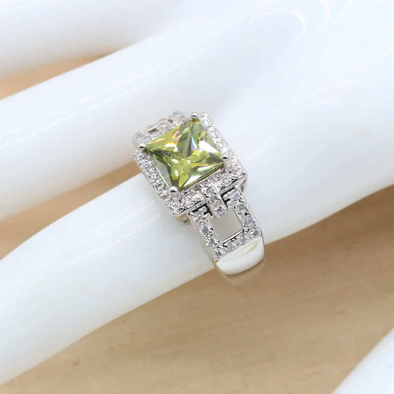 XOTICA Classic 925 Silver Jewelry Set Olive Green Semi-Precious Women's Zircon Ring Earrings Pendant Necklace for Party Christmas Gift