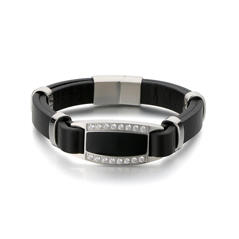 KALEN Unisex Vintage Fashion Jewelry Bracelets Stainless Steel Bangles Cowhide Leather Bracelet With Rhinestones