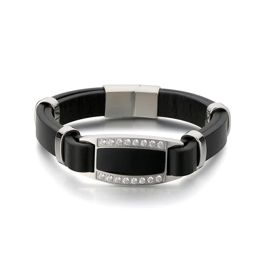 KALEN Unisex Vintage Fashion Jewelry Bracelets Stainless Steel Bangles Cowhide Leather Bracelet With Rhinestones