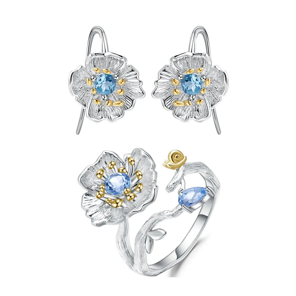 ArtistA C7772 Abiding Dainty Swiss Blue Topaz 925 Sterling Silver Flower Jewelry Set Adjustable Ring Fish Hook Earrings