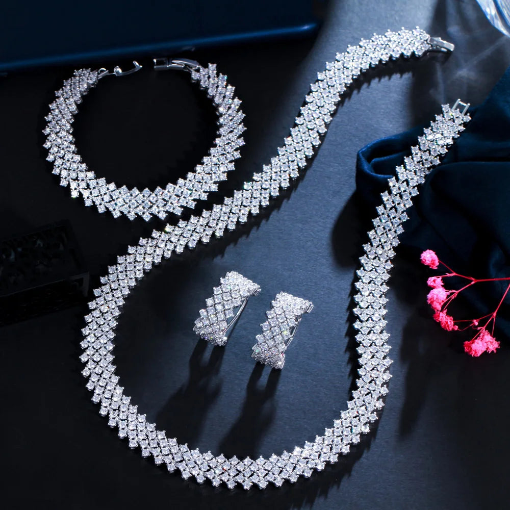 3 Pcs Expensive Shiny Round White Cubic Zircon Crystal Big Wide Luxury Bridal Wedding Jewelry Sets for Women Present Accessories
