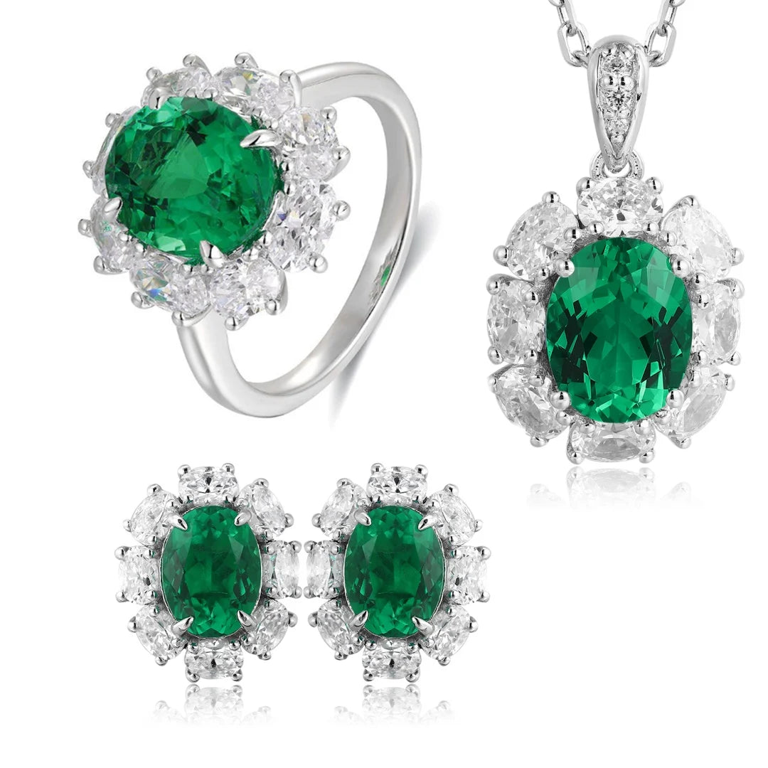 Gemfiori Custom Ladies' Bridal Jewelry Set Sterling 925 Silver Lab Grown Emerald Ring Necklace Earrings Vintage Wedding Engagement Gift