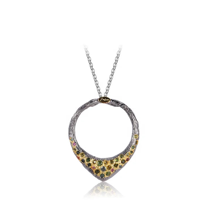 Custom-Made PERFECT Women's Classic Thai Jewelry 925 Sterling Silver Tourmaline Pendant with Black Rhodium Plating