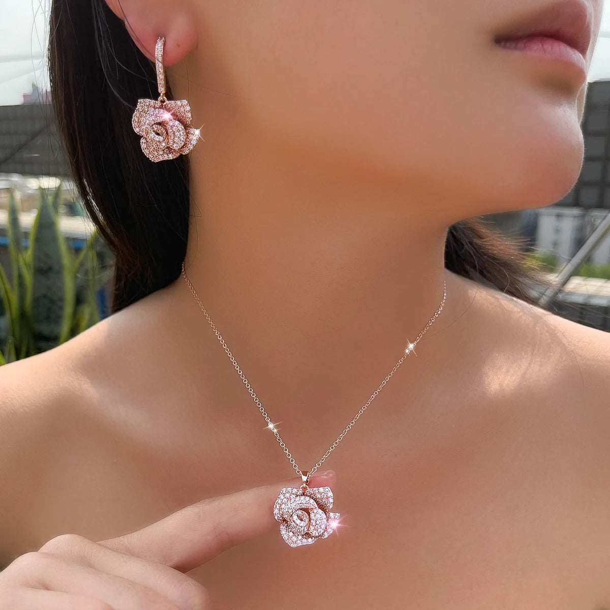 Fashion Brand Geometric Flower Design Cubic Zircon Women Rose Gold Color Earrings Big Pendant Necklace Jewelry Sets for Girls