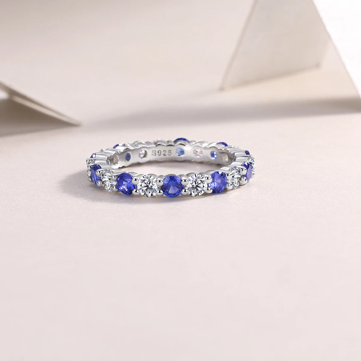 Blue Sapphire and Moissanite Alternating Full Eternity Ring 925 Silver Prong Set Stackable Wedding Band