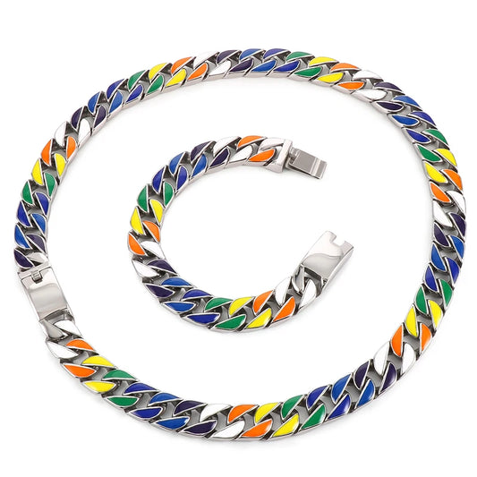 REBEL Men Vintage Colorful Stainless Steel Cuban Links 600mm Necklace&230mm Bracelet Jewelry Set