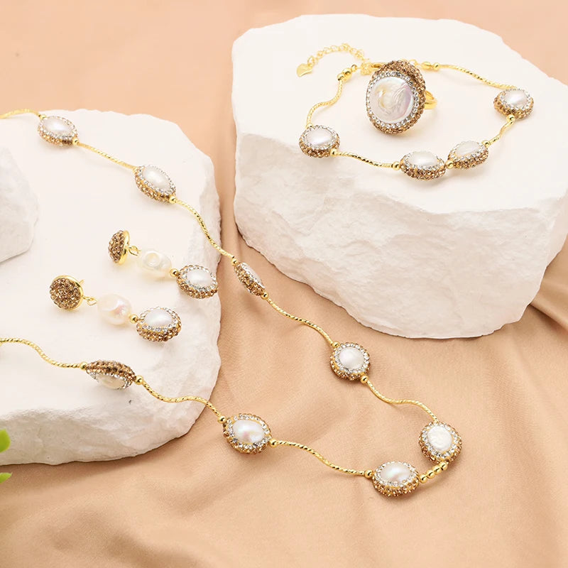 XOTICA Natural Baroque Pearl 18K Gold Plated Women's Gift Jewelry Necklace Bracelet Earrings Fashion Designer Jewelry Set