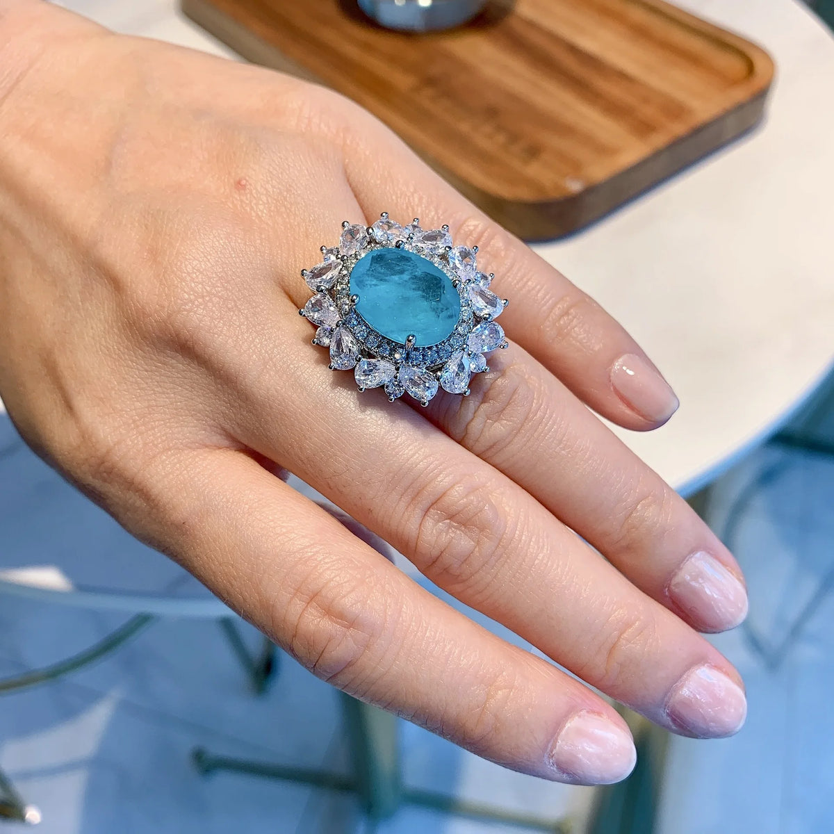 Gemfiori New Temperament Blue Rhinestone Zircon Jewelry Inlaid Vintage Earrings Ring Shiny Delicate Round Flower Necklace for Women Gifts