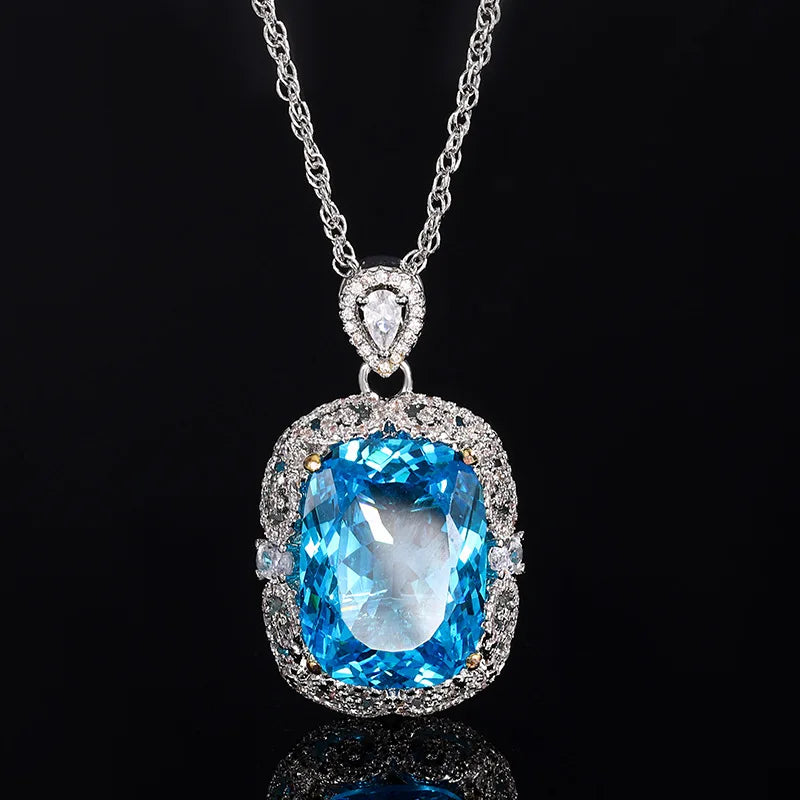 Gemfiori Retro Trendy Sea Blue Zircon Pendant Necklace Ring Design Jewelry Set for Women's Wedding/Anniversary