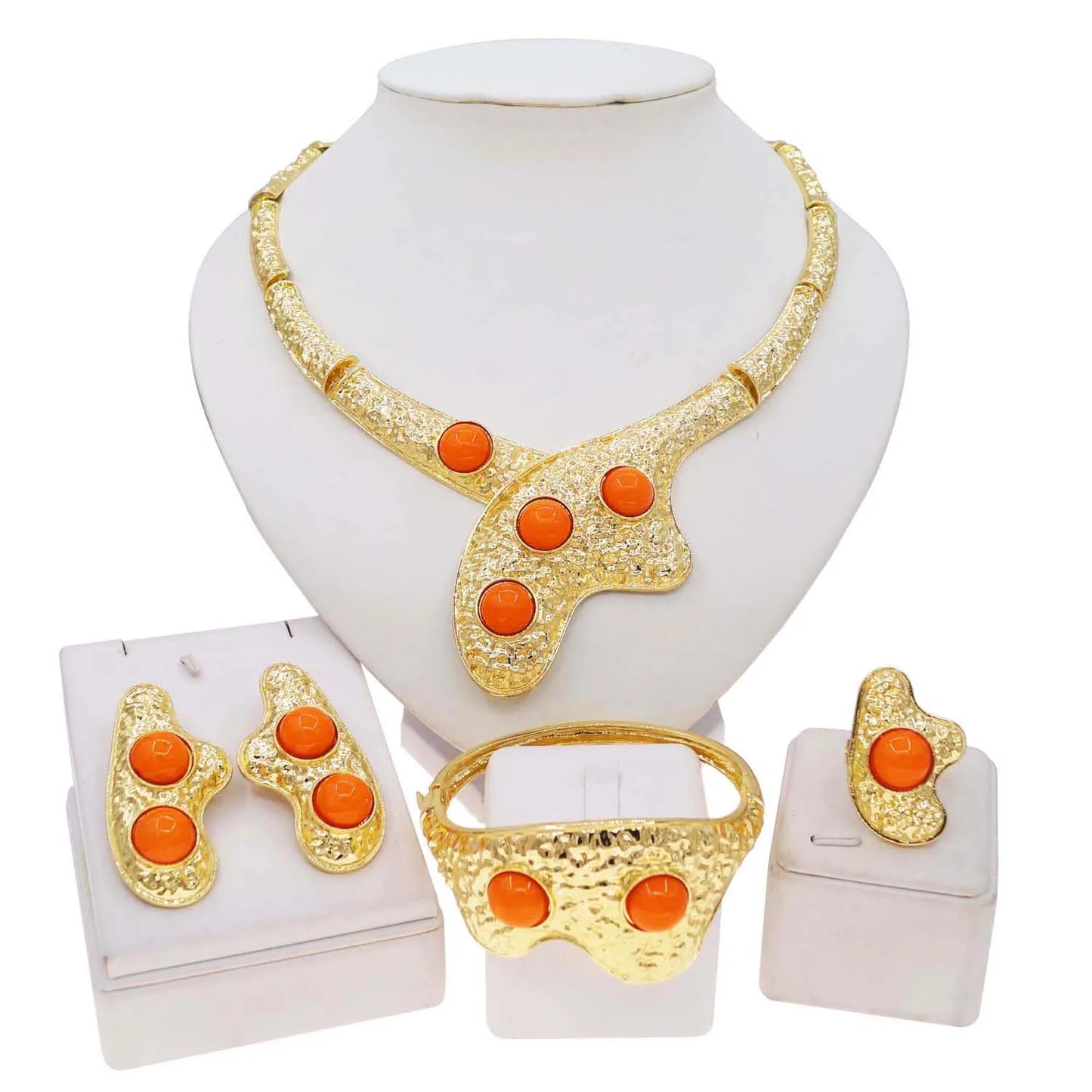 Zhuerrui Italian Gold Flower Jewelry Set Wedding Party Birthday Gift Orange Necklace Bracelet Earrings Ring Jewelry Sets H00715